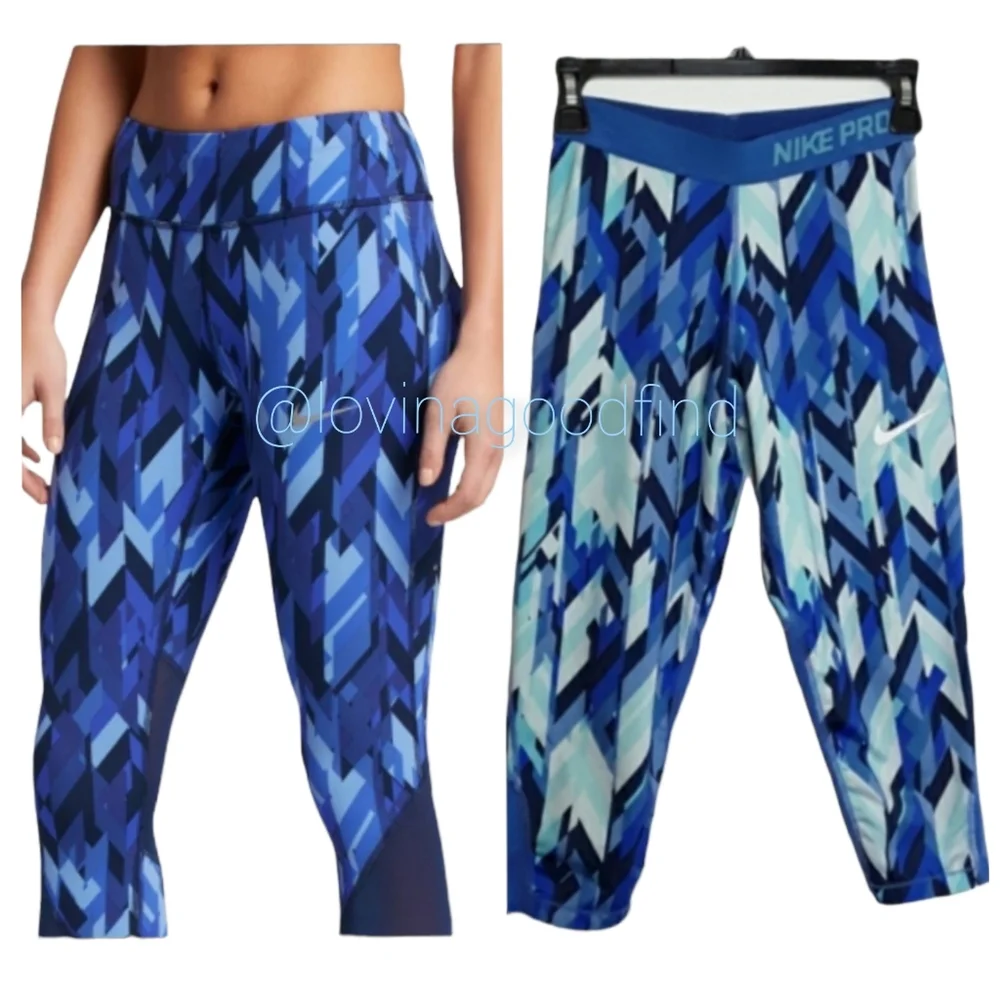 Nike Blue Pattern Pro Cool AOP Capri Leggings EUC sz XL